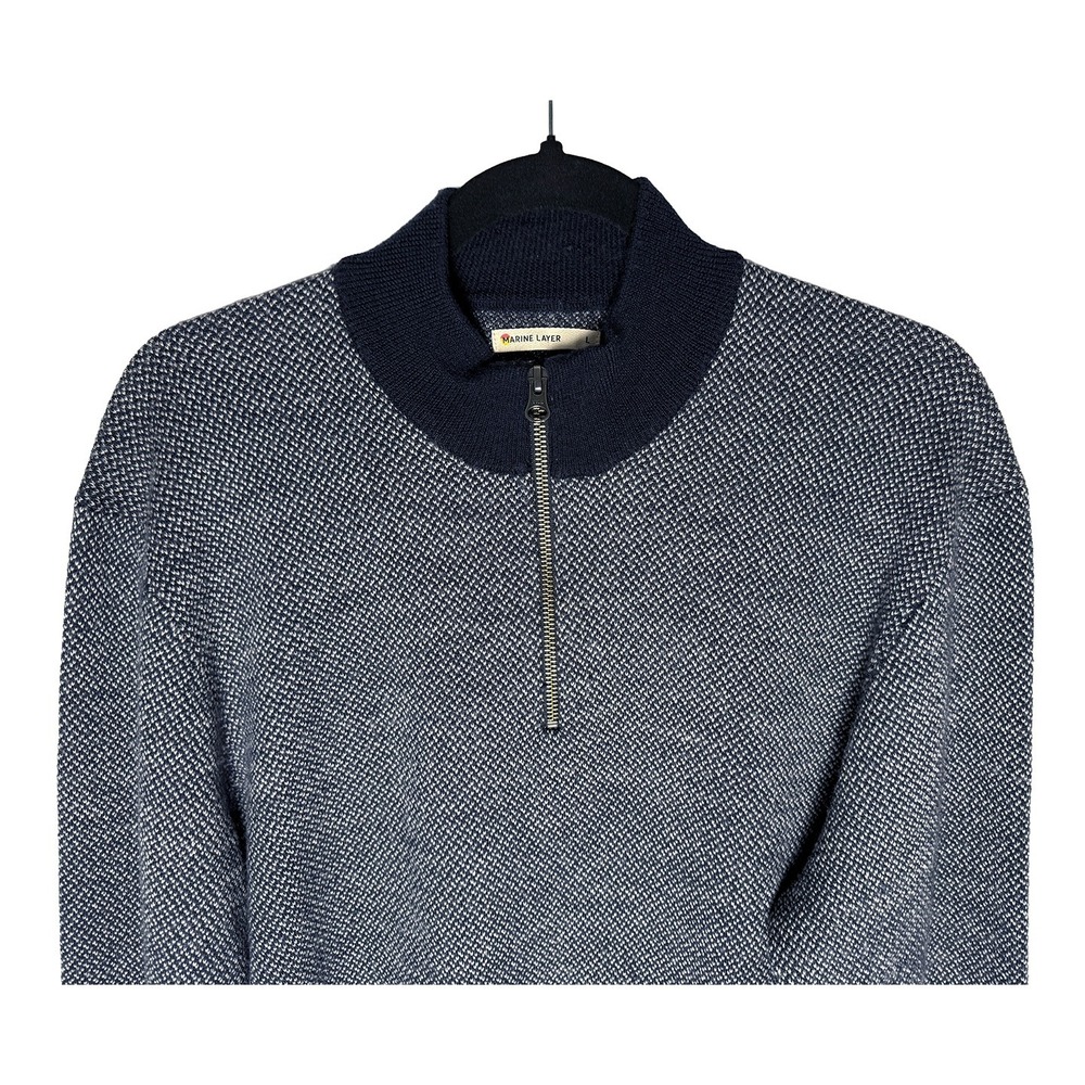 Marine Layer Men's Merino Wool Quarter Zip Sweater Navy White Knit Mock Neck L - Picture 7 of 11